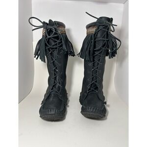 Laurentian Chief Black Leather Fringe Moccasin Boots Tall LaceUp Canada Womens 7